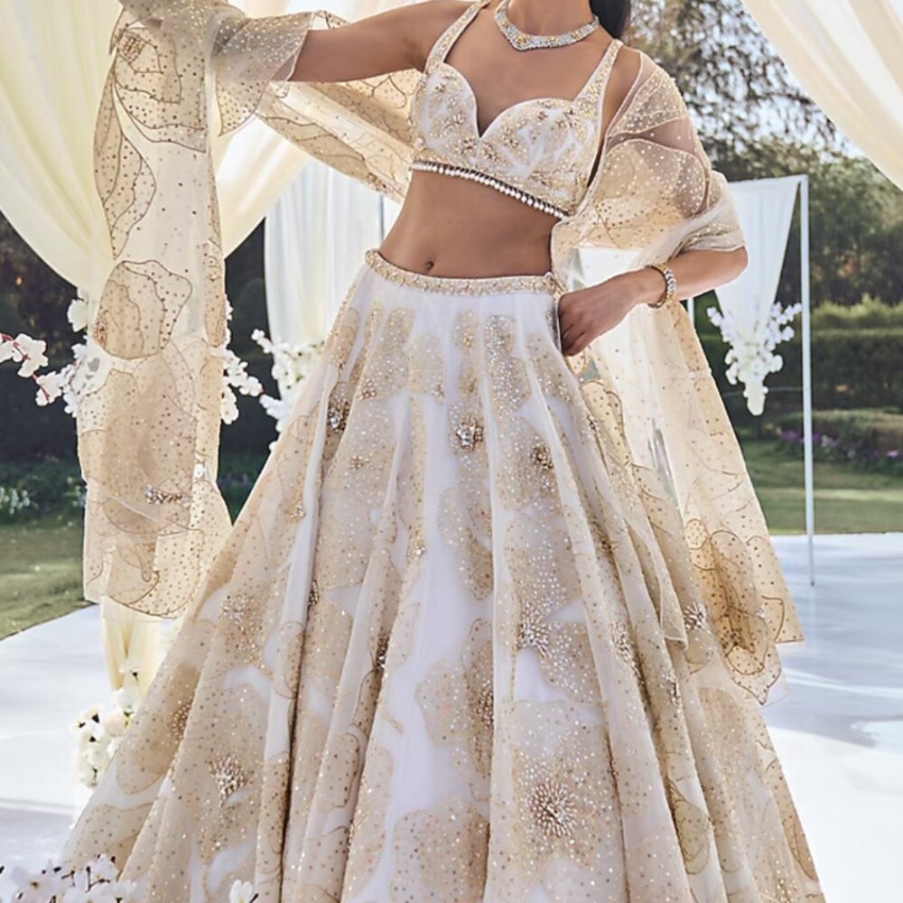 Seema Gujral White Applique Embroidered Lehenga Set + Jewelry